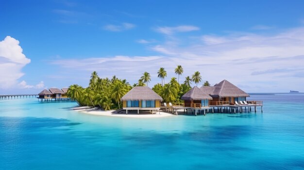 Tropical paradise overwater bungalows amidst palm trees resort