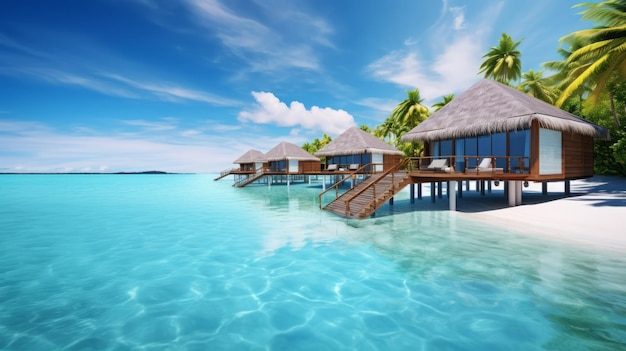 Tropical Paradise Overwater Bungalows Amidst Palm Trees Resort