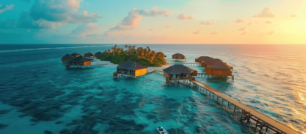 Tropical Paradise Overwater Bungalows bij zonsondergang