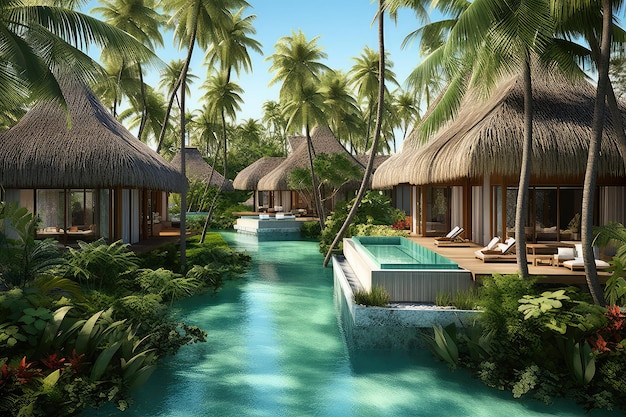 Tropical paradise retreat photo realistic illustration