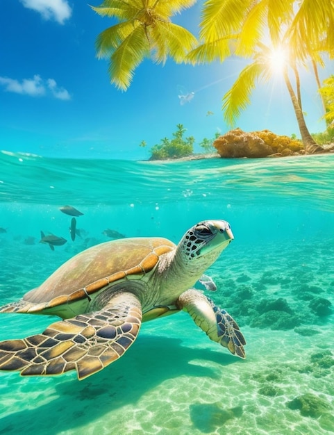 빛 이 가득 찬 호수 에서 수영 하는 바다 거북 들 의 열대적 인 낙원