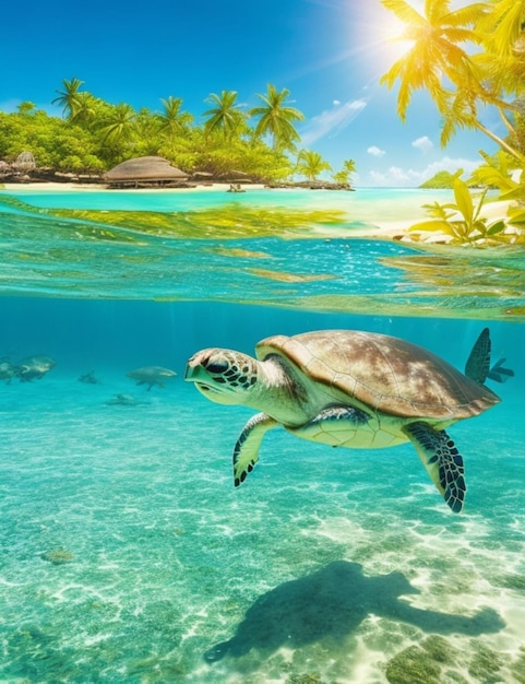 A tropical paradise of sea turtles swimming in a sundappled lagoon