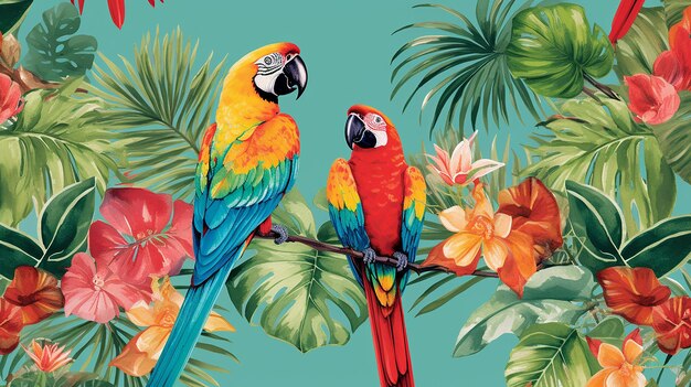 Tropical Paradise Seamless Floral Pattern with Exotic Birds