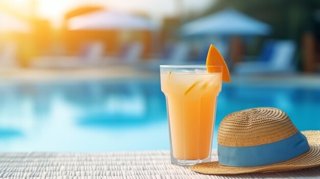Photo a tropical paradise taning lotion juices and blue straw hat by the poolside at the resort ar 16