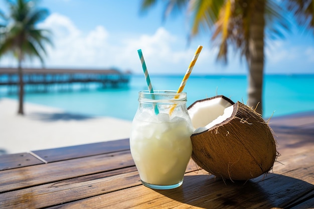 Tropical Paradise verse kokosnootcocktail met rietje op wit zand