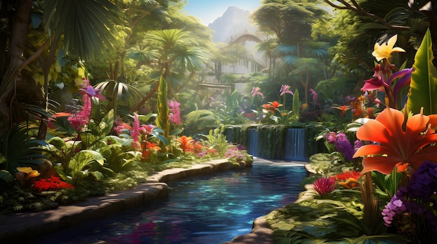 Photo a tropical paradise with exotic flowers and palm trees