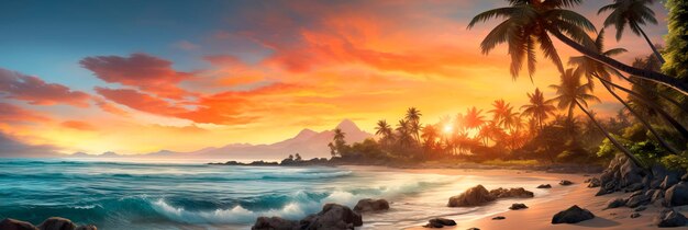 Tropical paradise with a gradient backdrop featuring the vibrant colors of a beach at sunset generative ai