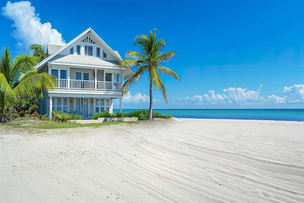 A tropical paradise with a house nestled among palm trees on a serene beachfront