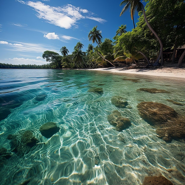 Tropical paradise with lush palm trees on a sandy island with turquoise sea