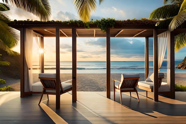 A tropical paradise with a palm tree on the roof