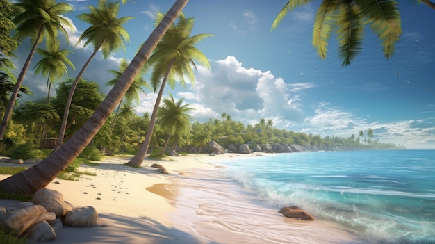 Тропический рай с пальмами, белыми песчаными пляжами и чистой бирюзовой водой, созданной ИИ.