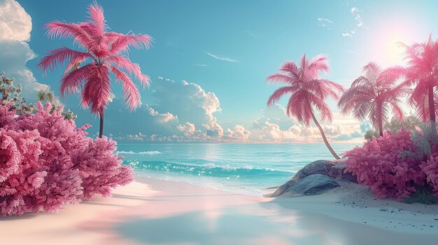 Photo tropical paradise with pink palm trees and serene beach at sunset