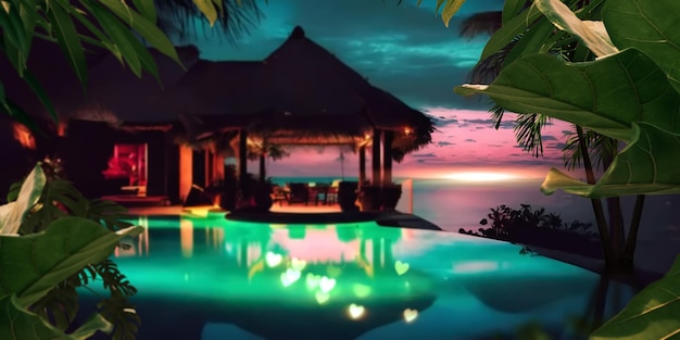 Тропический рай с бассейном и домом на заднем плане