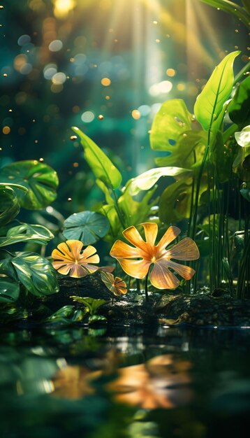 Tropical Paradise with shapes and patterns sunlight flora water river