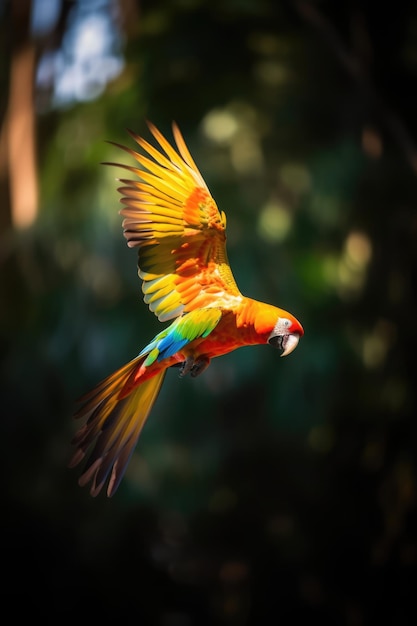 Tropical parrot flying with plants background created using generative ai technology