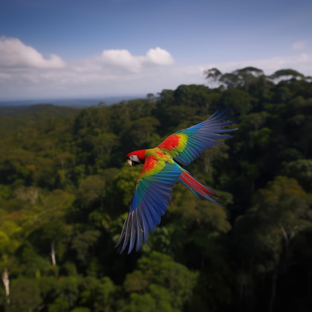 Tropical parrot flying with trees and sky background created using generative ai technology