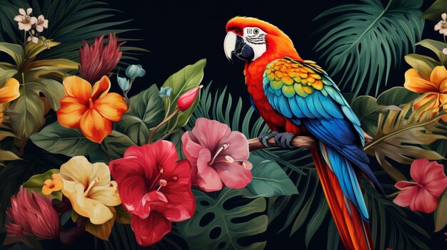 Tropical parrots birds green forest nature photography image Ai generated art