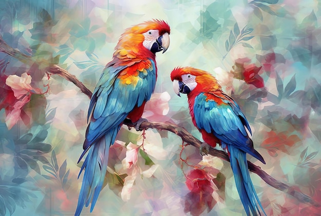 tropical parrots on branches of the rainforest jungle