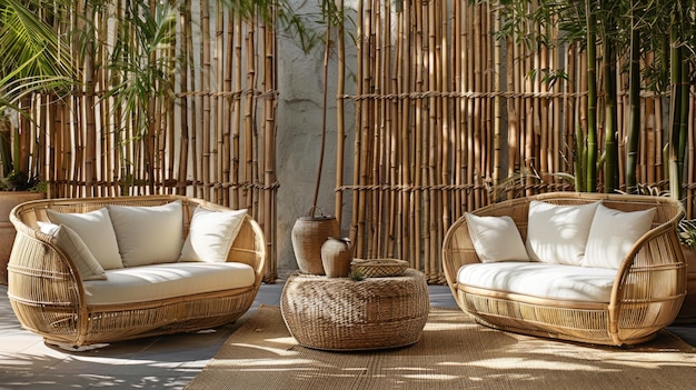 Photo tropical patio furniture with bamboo background