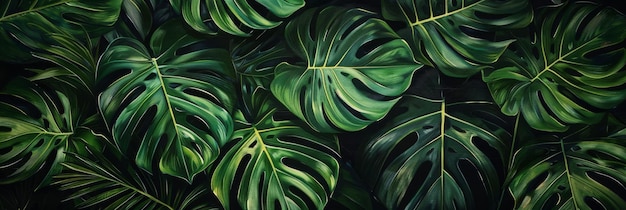 Tropical pattern with beautiful monstera palm leaves dark vintage d illustration