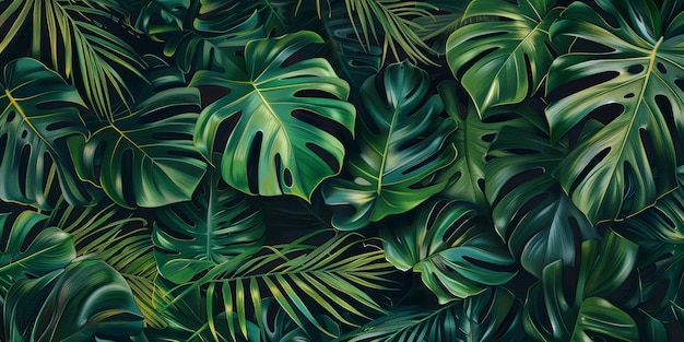 Tropical pattern with beautiful monstera palm leaves dark vintage d illustration