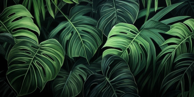 Tropical pattern with beautiful monstera palm leaves dark vintage d illustration