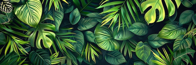 Tropical pattern with beautiful monstera palm leaves dark vintage d illustration