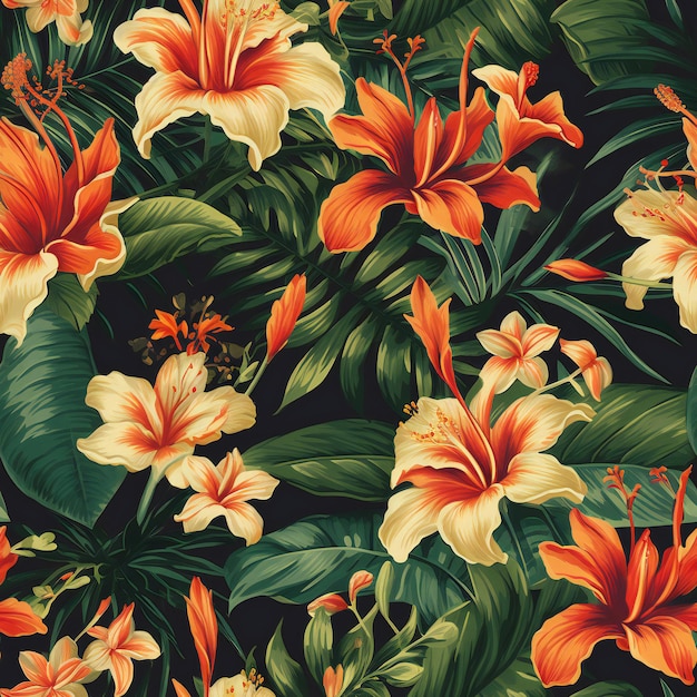 A tropical pattern with orange and yellow flowers and green leaves.