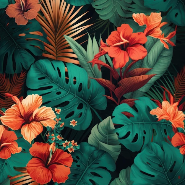 A tropical pattern with tropical leaves and flowers.