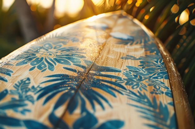 Tropical pattern on a wooden surfboard Generative AI