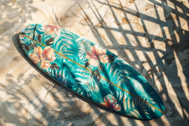 Tropical pattern on a wooden surfboard Generative AI