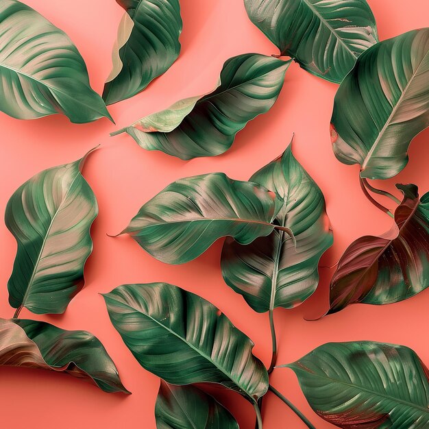 Tropical Philodendron Leaves on Coral Background Vibrant Botanical Display