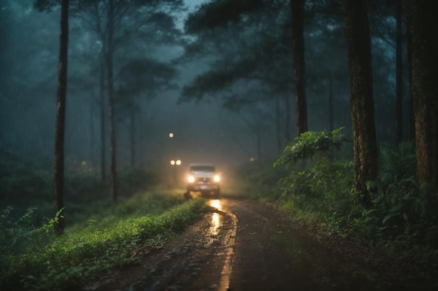 tropical pine evergreen forest with fog and mist