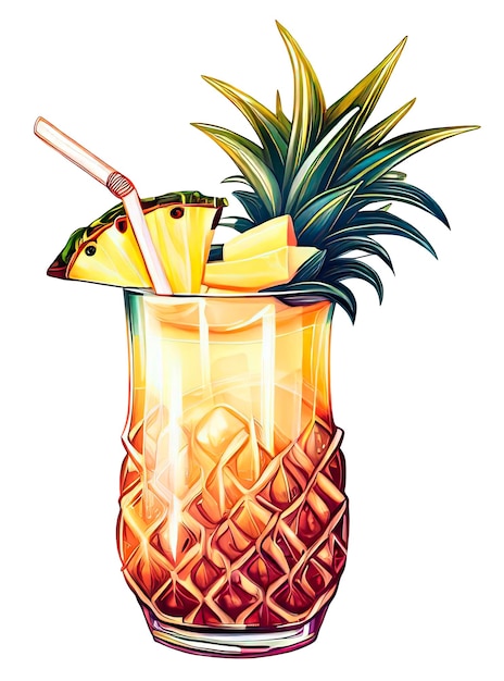 Tropical pineapple juice smoothie glass isolated on white background cartoon style AI Generated