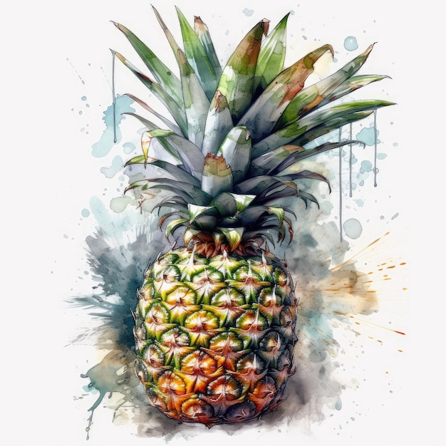 Tropical Pineapple Watercolor on White Background