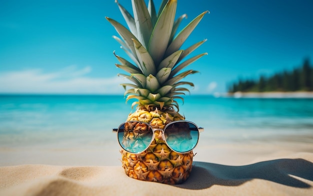 A tropical pineapple wearing stylish sunglasses on a sandy beach AI