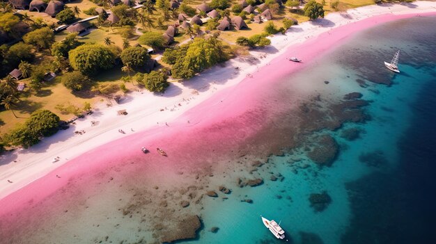 コモド諸島の熱帯ピンクのビーチと海の空中写真