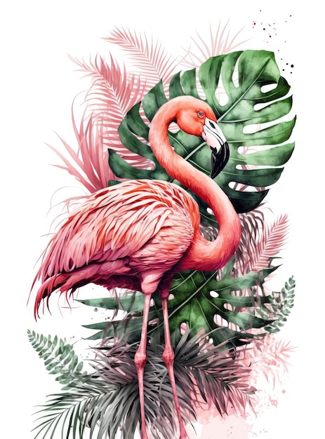 Tropical Pink Flamingo with Palm Leaves on White Background