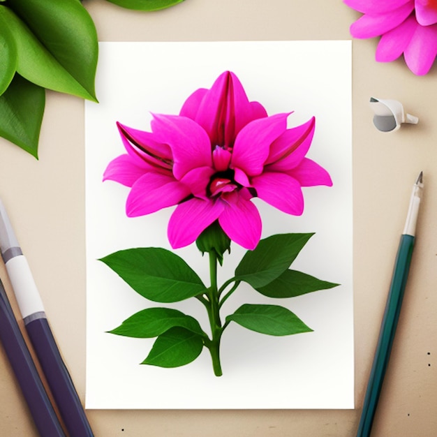 Tropical pink flower with big petals and leaves isolated on white background