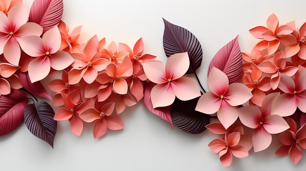 Tropical pink and orange leaves on the bottom of the image over white background dark white and lig