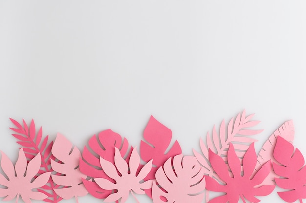 Tropical pink paper leaves on white background