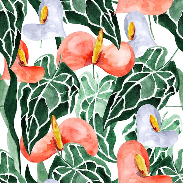 Tropical plant anthurium crystal watercolor seamless pattern