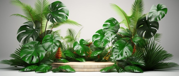 Tropical plant backdrop with a podium in the center