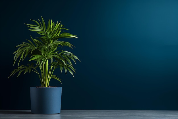 A tropical plant in a pot and a blue wall in the background