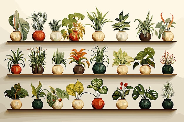 ポットベクトルイラストセットの熱帯植物 カートゥーン屋内ポット装飾室内植物