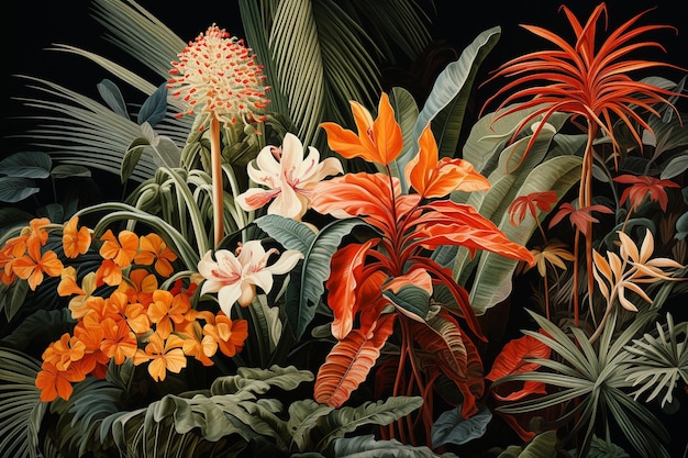 Photo a tropical plant with leaves and flowers