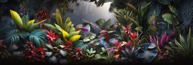 Tropical plants background Jungle tropic leaves and flower variety banner