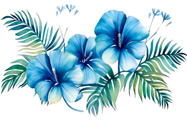 Tropical plants in blue Christmas and New Year theme in watercolor style on white background