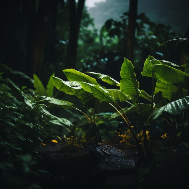 tropical plants in the forest at night