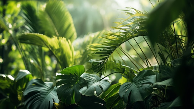 tropical plants in the jungle with sunlight shining through the leaves